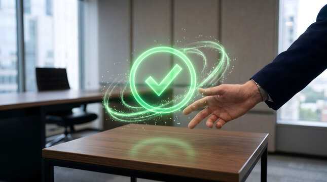Human hand interacting with glowing approval tick icon above a conference side table setting