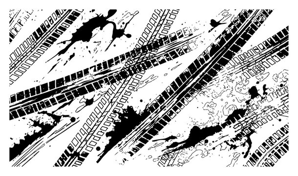 Tire tracks and mud splatters background in grunge vector style