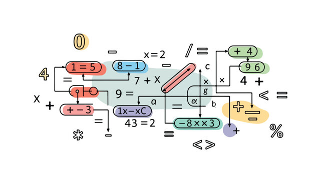 Colorful mathematical equations and symbols on a white background with a mix of bright colors and various mathematical operations.