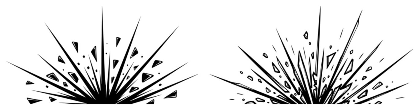 Explosion blast bursts with flying shattered shards black and white geometric vector art
