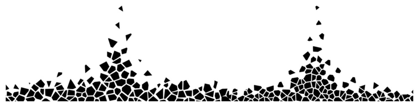 Crumbling mosaic stone border with flying shattered debris black and white geometric silhouette design