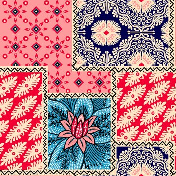 Vibrant seamless patchwork pattern featuring a mix of bohemian elements, traditional ethnic paisley, floral motifs, and geometric borders. Colorful collage design in bright pink, blue, black, and beig