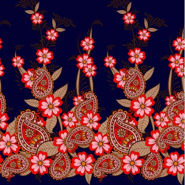 Vibrant seamless patchwork pattern featuring a mix of bohemian elements, traditional ethnic paisley, floral motifs, and geometric borders. Colorful collage design in bright pink, blue, black, and beig