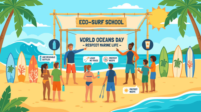 Eco-surf school instructors teaching ocean conservation on beach