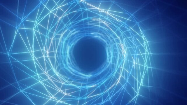 Blue polygonal network portal with glowing circular tunnel
