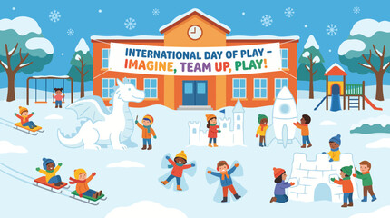 Naklejka premium Diverse Children Playing in Snow for International Day of Play