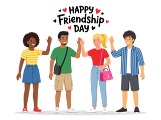 Fototapeta premium Diverse Multicultural Group of Friends Celebrating Happy Friendship Day with High Five and Waving Isolated on White Background Illustration