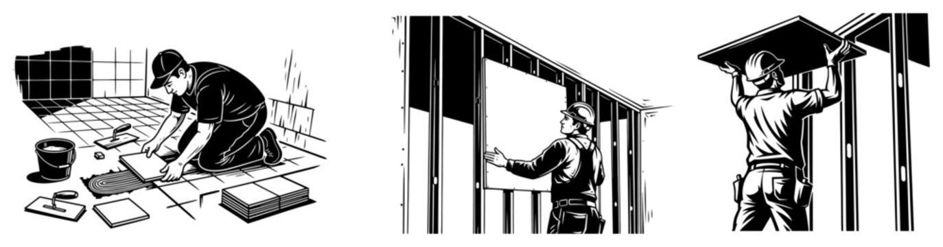 Construction workers laying tiles and installing drywall panels in retro vector illustration style