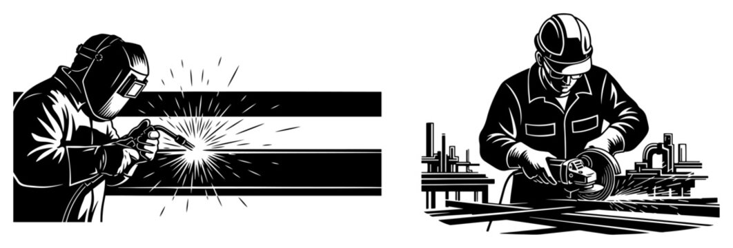Welder and metalworker using angle grinder with flying sparks in retro industrial vector style