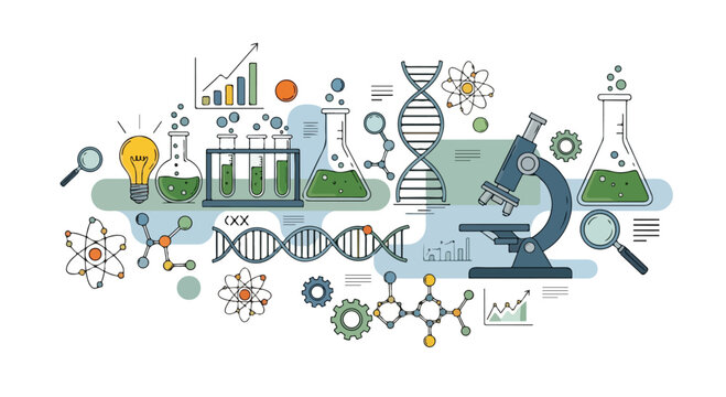 Flat lay illustration of various science and biology symbols, including DNA, test tubes, microscope, and molecular structures, on a white background with a mix of green, blue, and orange