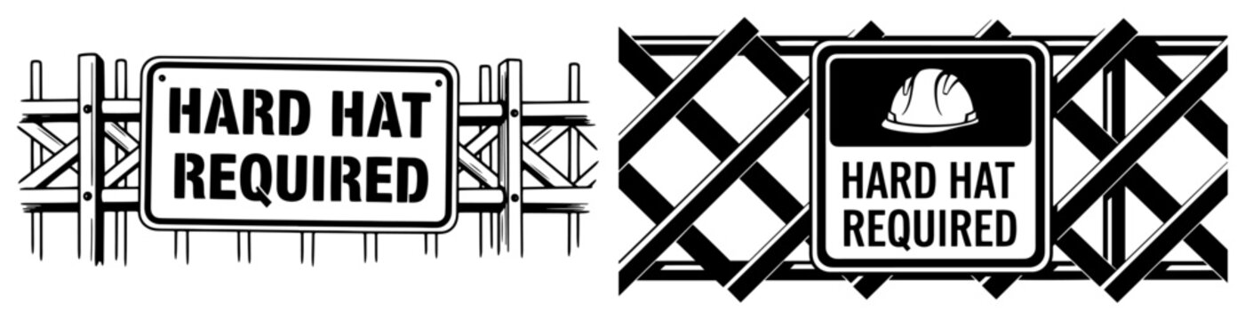 Hard hat required warning signs on construction fences in bold black and white graphic style