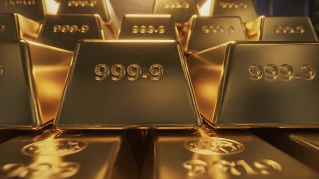 Golden ingots displayed in a secure vault for financial and investment themes