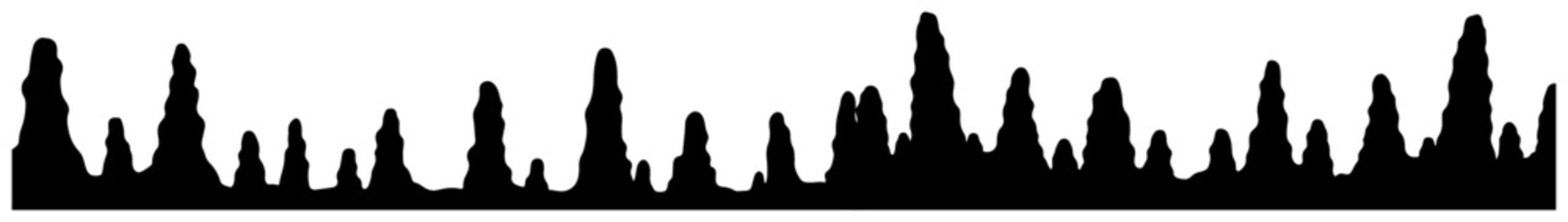 Cave stalagmites and stone rock formations border in flat silhouette style