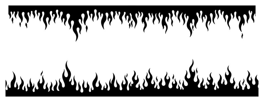 Fire flames border design elements in modern graphic silhouette style