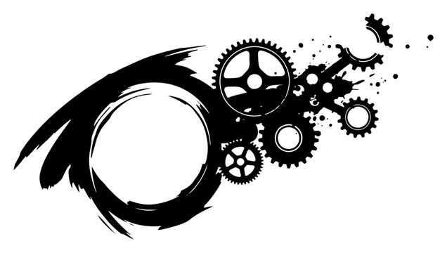 Steampunk gear wheels and circular grunge brush frame in ink splatter style