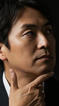 黒背景の前でスーツを着て顎に手を当て、深刻な表情で視線を動かしながら思考を巡らせるミドル男性