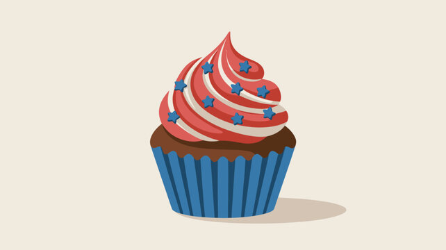 Patriotic cupcake vector illustration, chocolate muffin with red and white swirl frosting, blue star sprinkles for American holiday celebrations