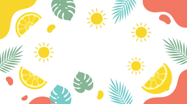 Vibrant tropical summer design template with suns, lemons, and lush leaves creating a fresh holiday background for your seasonal needs
