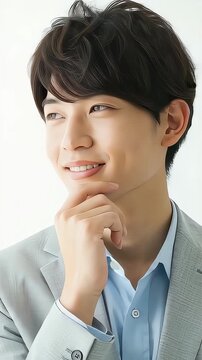 満面の笑みで斜め上を見つめアイデアを練るビジネスマン
