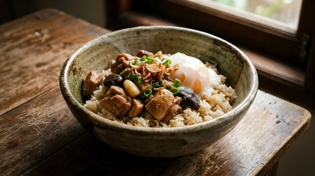Authentic Indonesian fragrant coconut rice bowl, topped with savory chicken, earthy mushrooms, crispy shallots, and a perfectly poached egg