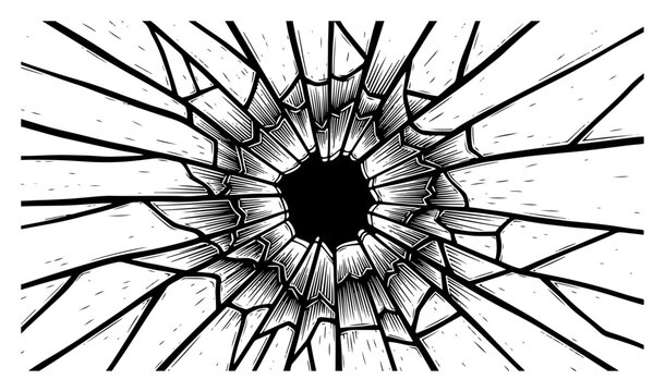 Broken glass shatter pattern with bullet hole in retro engraving style