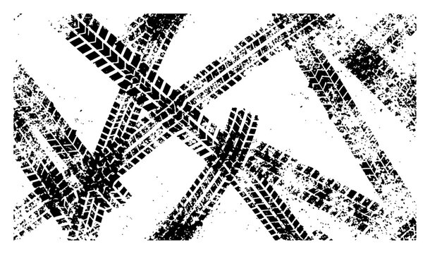 Tire tracks tread marks overlapping in grunge textured background style