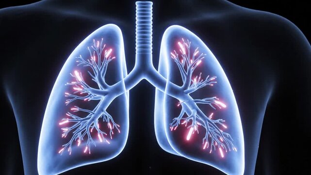 Abstract Transparent Blue Human Lungs with Red Glowing Areas in a Dark Medical Background Health and Respiratory System Concept