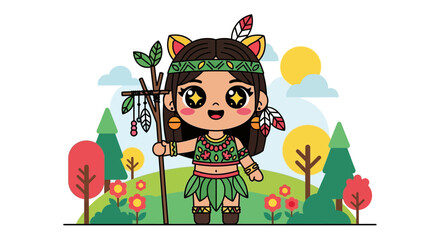 Fototapeta premium Cute Cartoon Indigenous Girl with Traditional Attire and Staff.