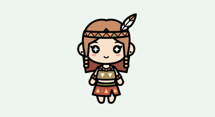 Fototapeta premium Cute Cartoon Native American Girl with Feather Headband and Traditional Attire.