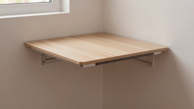 Corner room light beige wall small window left side there rectangular wooden shelf attached white metal bracke