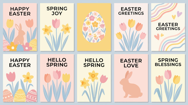 Elegant Collection Happy Easter Greeting Card Festive Holiday Poster Modern Typography Set with Spring Handdrawn Floral Elements Cute Bunny and Colorful Eggs in Soft Pastel Peach Pink Palette