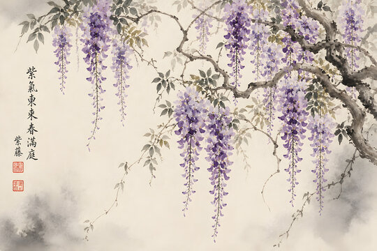 Traditional chinese watercolor painting of cascading purple wisteria