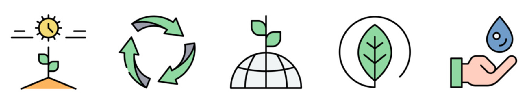 Conjunto de iconos ecol&oacute;gicos y sostenibles. Representa medio ambiente, reciclaje y conservaci&oacute;n natural. Incluye crecimiento, reutilizaci&oacute;n, ecolog&iacute;a, hojas y cuidado ambiental. Ilustraci&oacute;n vectorial