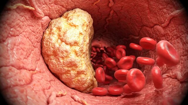3D Render of Cholesterol Plaque Blocking Artery with Red Blood Cells in a Human Vein Causing Vascular Disease and Heart Attack