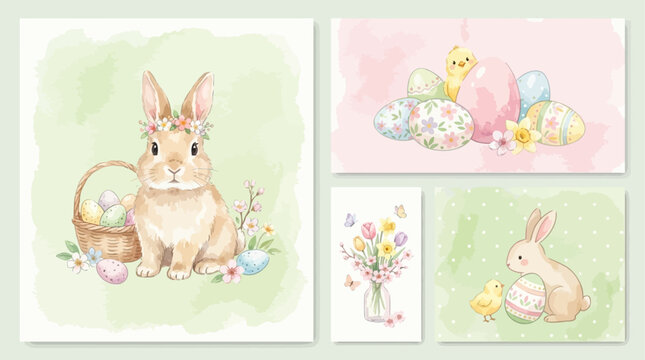 Set of Adorable Watercolor Easter Greeting Cards Featuring Sweet Bunny Rabbit Colorful Eggs Spring Floral Blooms and Baby Chick in Pastel Tones on Light Green Pink and White Background Isolated