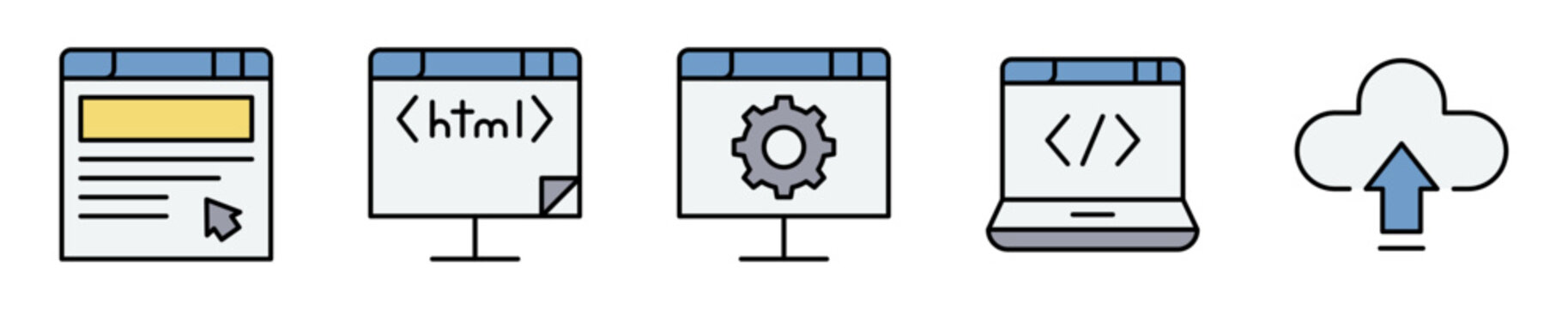 Conjunto de iconos de desarrollo web. Representa programaci&oacute;n, sistemas y almacenamiento digital. Incluye c&oacute;digo, configuraci&oacute;n, servidores, nube y an&aacute;lisis. Ilustraci&oacute;n vectorial