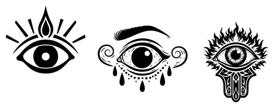 Mystic eye symbols set including hamsa hand and third eye in esoteric linocut style