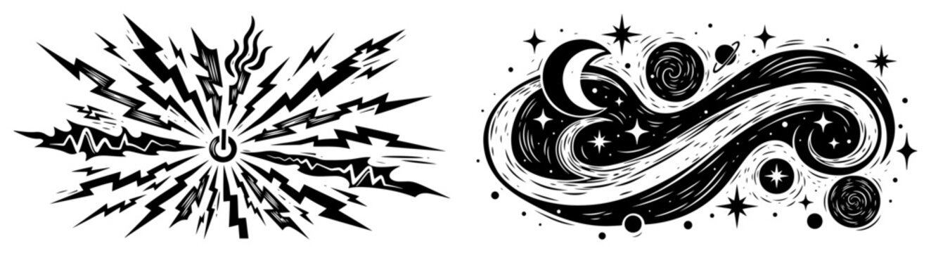 Power button lightning explosion and celestial cosmic wave in hand drawn engraving style