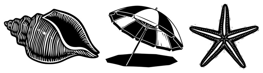 Seashell beach umbrella and starfish set in vintage hand drawn woodcut style © Tomas