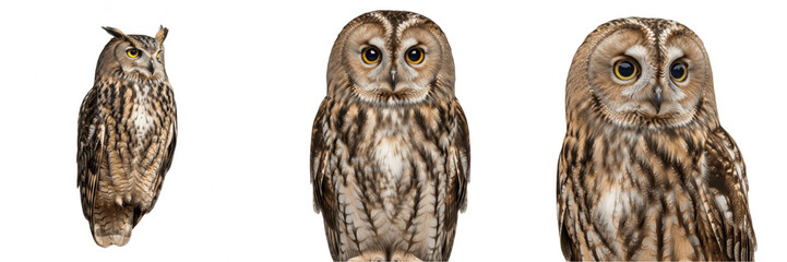 Fototapeta premium Realistic brown owl wildlife PNG clipart bundle, nocturnal bird of prey illustrations isolated on transparent background, wise forest animal graphic elements for design, wild feathered nature creature