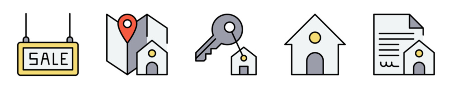 Conjunto de iconos inmobiliarios. Representa ubicaci&oacute;n, propiedad y vivienda. Incluye mapas, llaves, hogar, direcci&oacute;n y documentaci&oacute;n residencial. Ilustraci&oacute;n vectorial