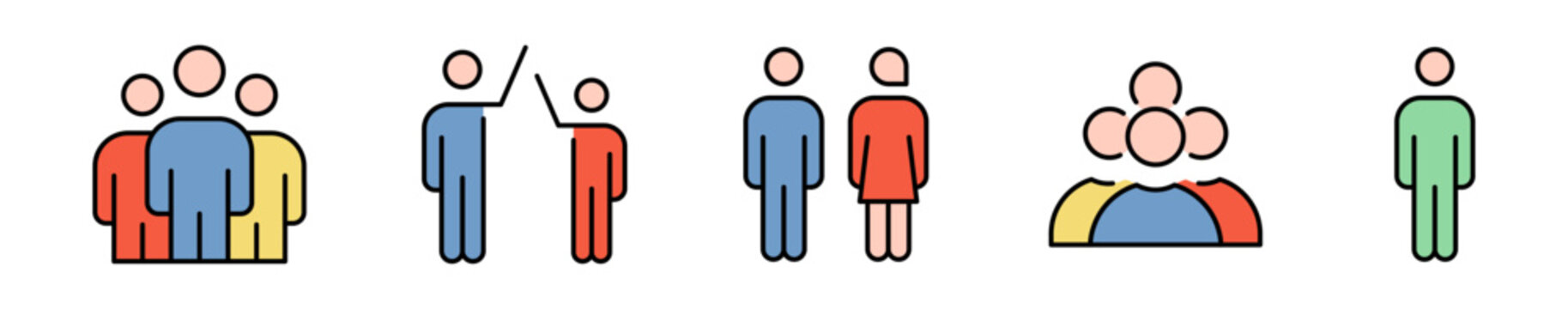 Conjunto de iconos de diversidad social. Representa inclusi&oacute;n, igualdad y comunidad. Incluye grupos, interacci&oacute;n, representaci&oacute;n, convivencia y sociedad. Ilustraci&oacute;n vectorial