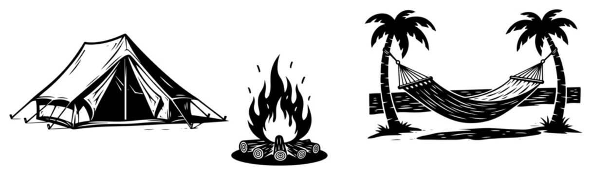 Camping tent campfire and hammock between palm trees in black and white engraving style