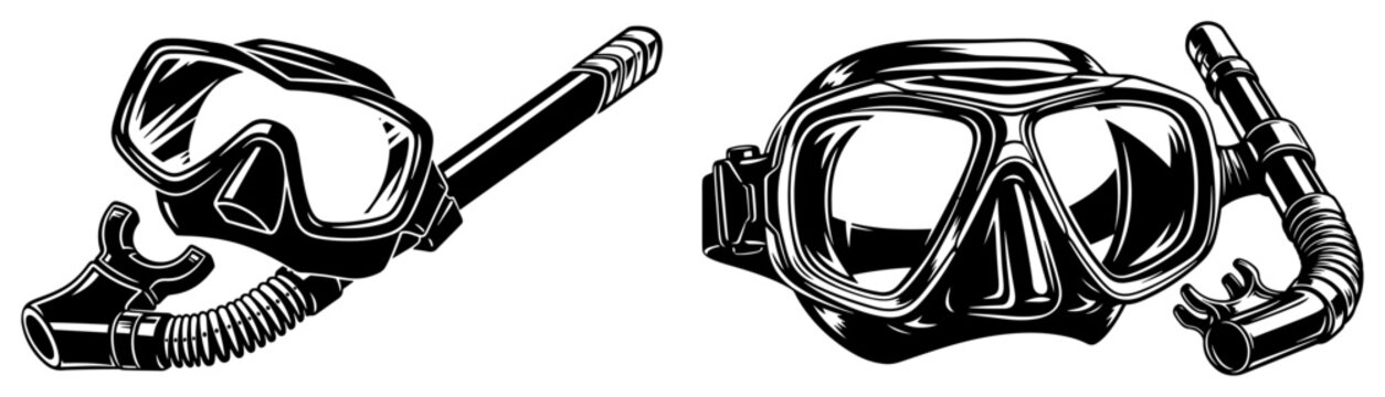 Scuba diving mask and snorkel set in black and white vector engraving style