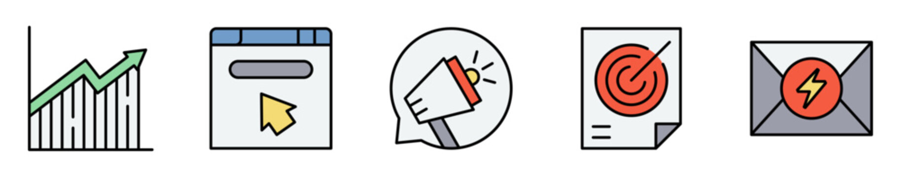 Conjunto de iconos de marketing digital. Representa promoci&oacute;n, objetivos y comunicaci&oacute;n empresarial. Incluye crecimiento, publicidad, campa&ntilde;as, enfoque y mensajes. Ilustraci&oacute;n vectorial
