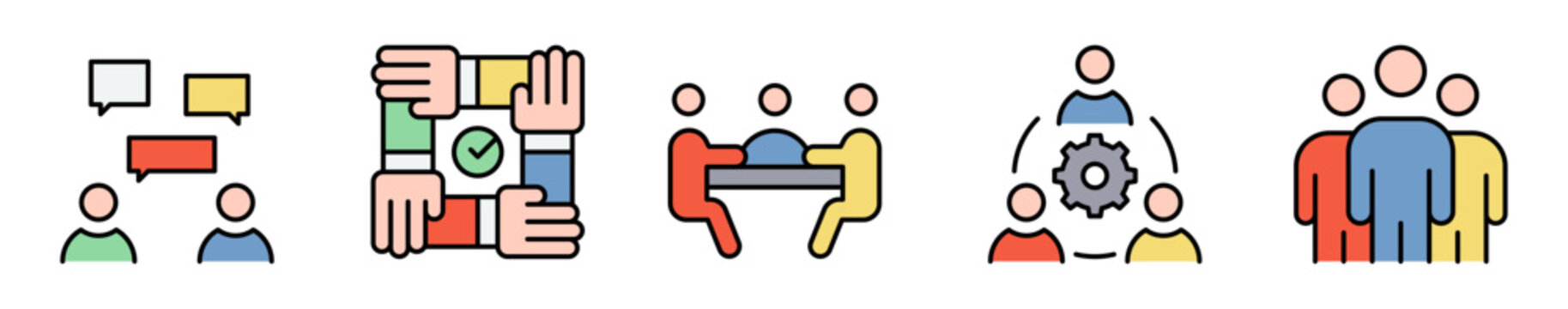 Conjunto de iconos de colaboraci&oacute;n empresarial. Representa comunicaci&oacute;n, integraci&oacute;n y trabajo en equipo. Incluye reuniones, cooperaci&oacute;n, liderazgo, gesti&oacute;n y comunidad laboral. Ilustraci&oacute;n vectorial