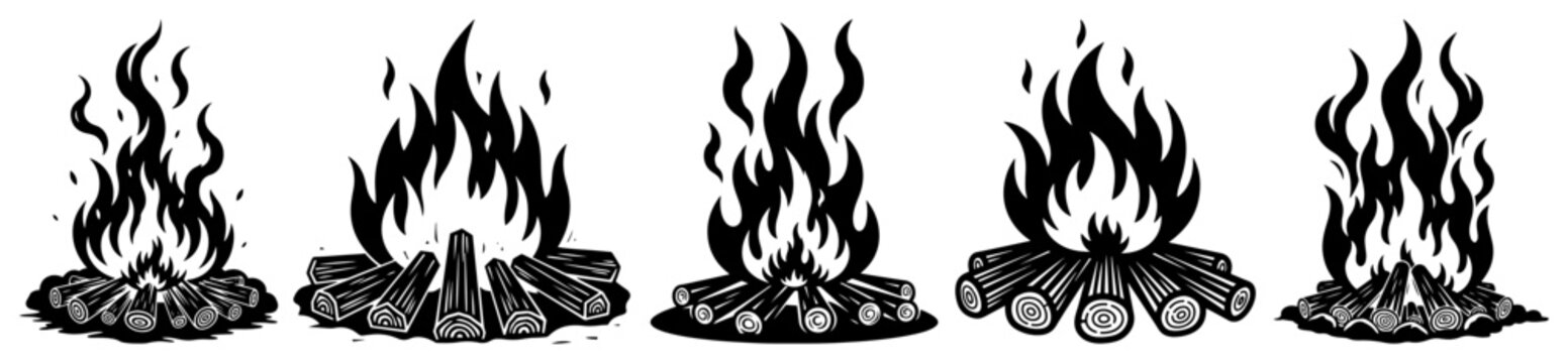 Campfire and bonfire set with burning wood logs in linocut engraving style