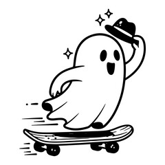 Cute friendly ghost riding a skateboard and wearing a hat in cartoon doodle style © Tomas