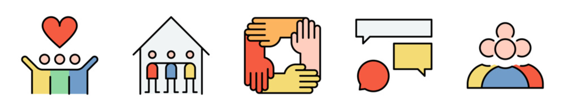 Conjunto de iconos de apoyo comunitario. Representa solidaridad, ayuda y comunicaci&oacute;n social. Incluye asistencia, conversaci&oacute;n, comunidad, colaboraci&oacute;n y uni&oacute;n. Ilustraci&oacute;n vectorial