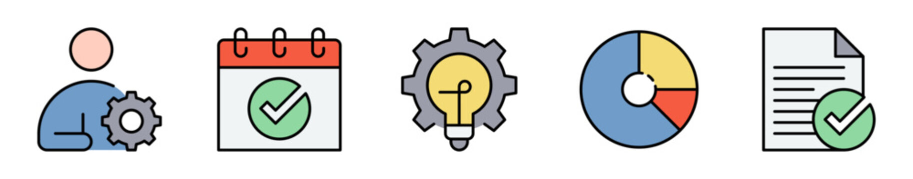 Conjunto de iconos de productividad empresarial. Representa organizaci&oacute;n, planificaci&oacute;n y desarrollo laboral. Incluye tareas, calendario, ideas, estad&iacute;sticas y documentaci&oacute;n. Ilustraci&oacute;n vectorial